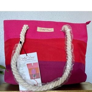 PORTO VINO Insulated Wine Tote w/ Drink Pouch Pink and Red Tote Bag 17”x 13” NWT